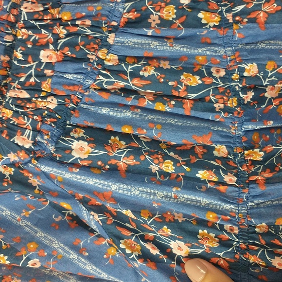 Free People Vintage Lover Blouse Small Blue Striped Floral Babydoll Puff Sleeve - Picture 7 of 11